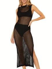 Round Neck Cover Up Dress Hollow Out See Through Backless Split Crochet Dress