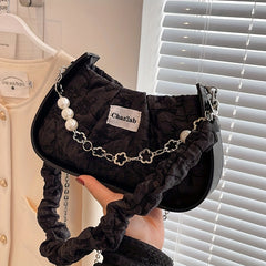 Flower Jacquard Shoulder Bag Chain Crossbody Bag Ruched Underarm Purse