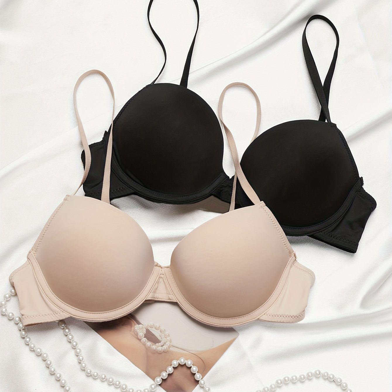 2pcs Solid T Shirt Bras Comfy & Breathable Push Up Bra Women's Lingerie