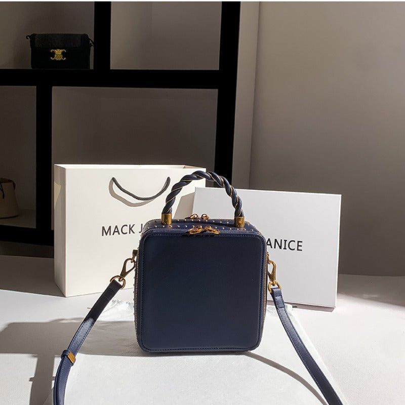 Women's Square Handbag Second Layer Leather Purse Navy