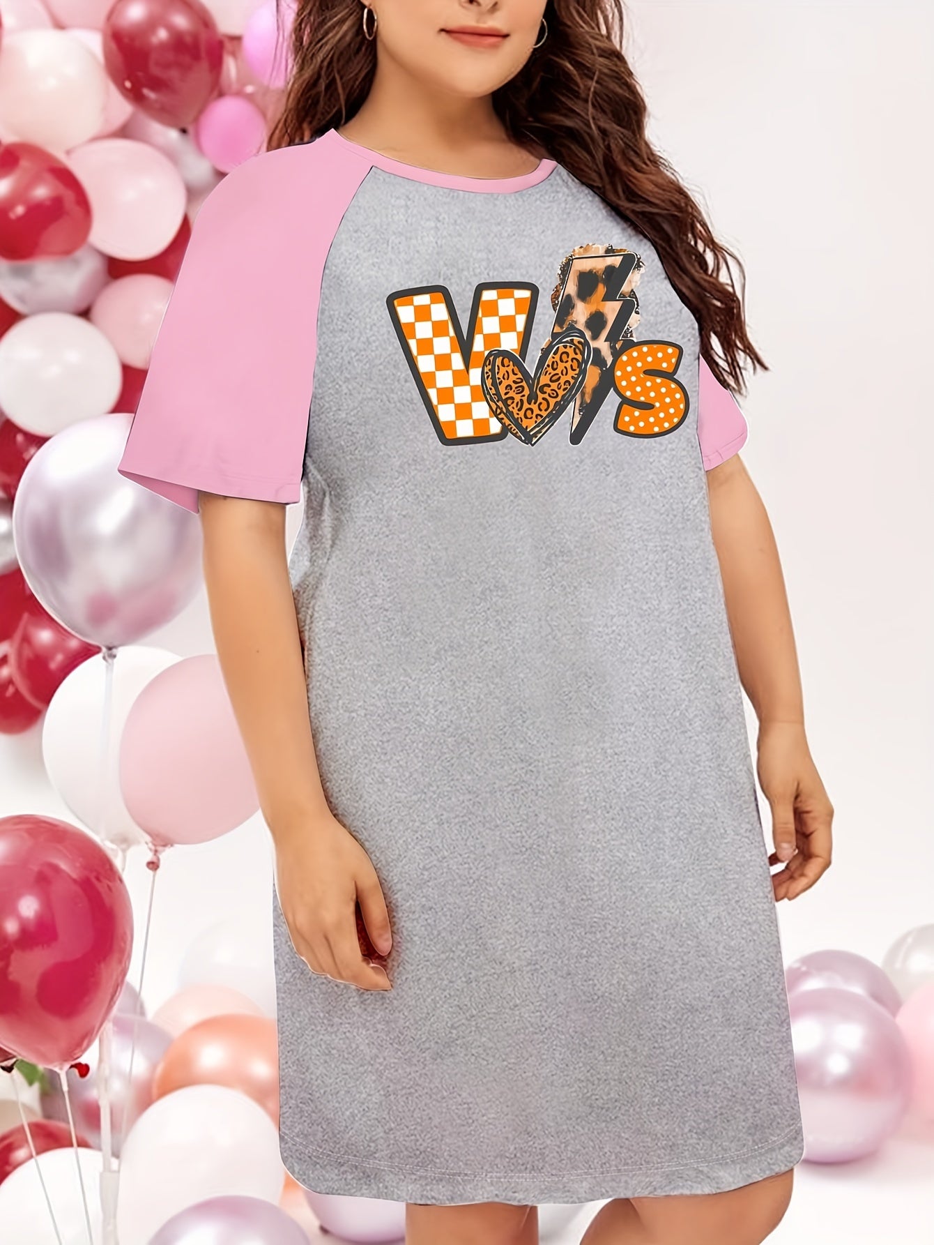 Checkered & Leopard Print Round Neck Tee Sleep Dress