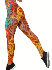 Peacock Feather Print Skinny Leggings Vintage High Waist Leggings