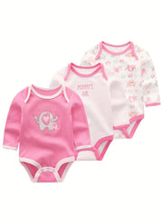 3Pcs Cartoon Long-sleeved Baby Bodysuits Cotton 0-12M Jumpsuits