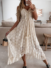 Lace Solid Sleeveless Dress V Neck Mini Strap Dress