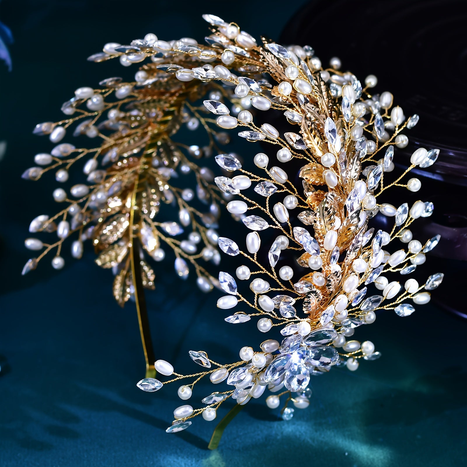 Golden Leaves Rhinestone Bridal Hairband Wedding Headdress