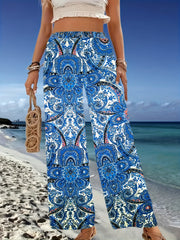 Paisley Print Wide Leg Pants Boho Elastic Waist Long Length Pants