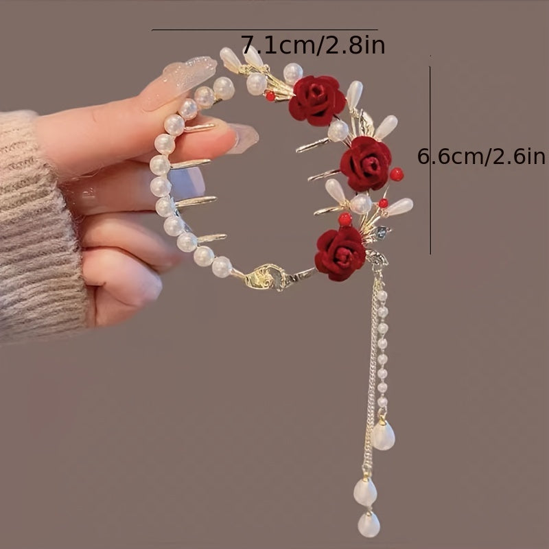 Vintage Red Rose Bun Buckle Tassel Hair Clip for Women Girls