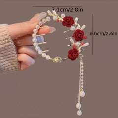 Vintage Red Rose Bun Buckle Tassel Hair Clip for Women Girls