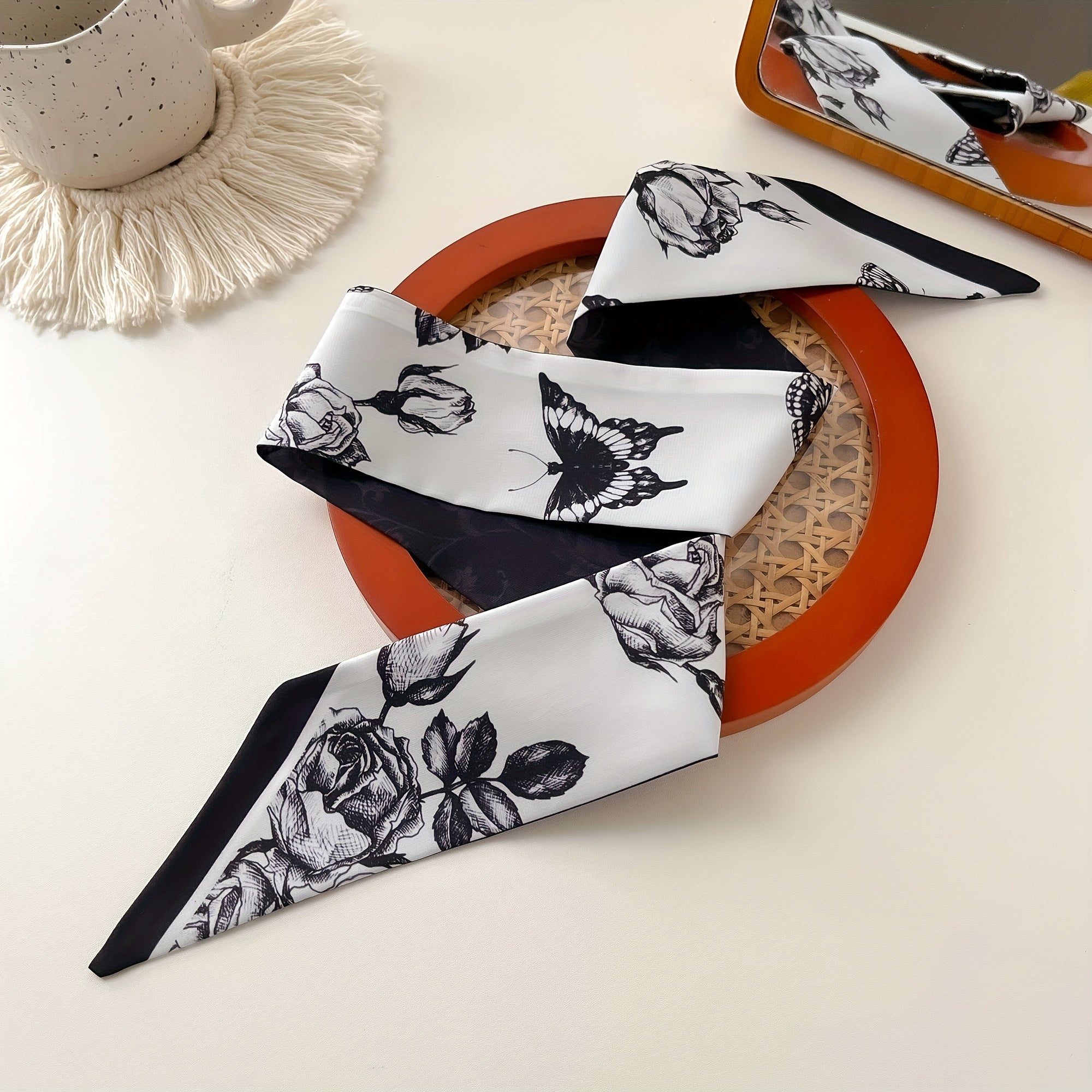 Vintage Butterfly Print Twilly Scarf Satin Neckerchief French Style Hair Ribbon