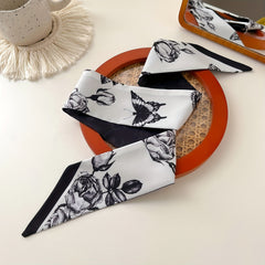 Vintage Butterfly Print Twilly Scarf Satin Neckerchief French Style Hair Ribbon