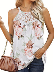 Floral Print Halter Neck Tank Top with Lace Detail
