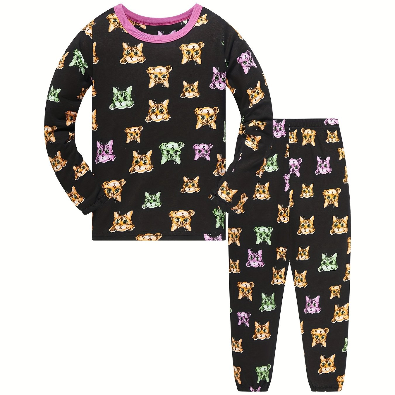 2pcs Toddler Girls Cat Graphic Pajama Set Long Sleeve Top & Pants