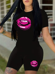 Lips Print 2pc T Shirt Set Short Sleeve Tee & Shorts Casual Outfit
