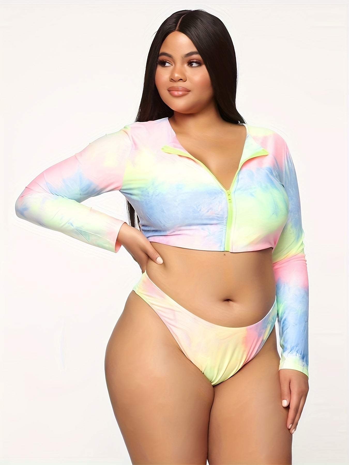 Tie Dye Long Sleeve Round Neck Tankini Set