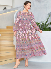 Boho Abaya Dress Plus Paisley Print Tie Neck Maxi Dress