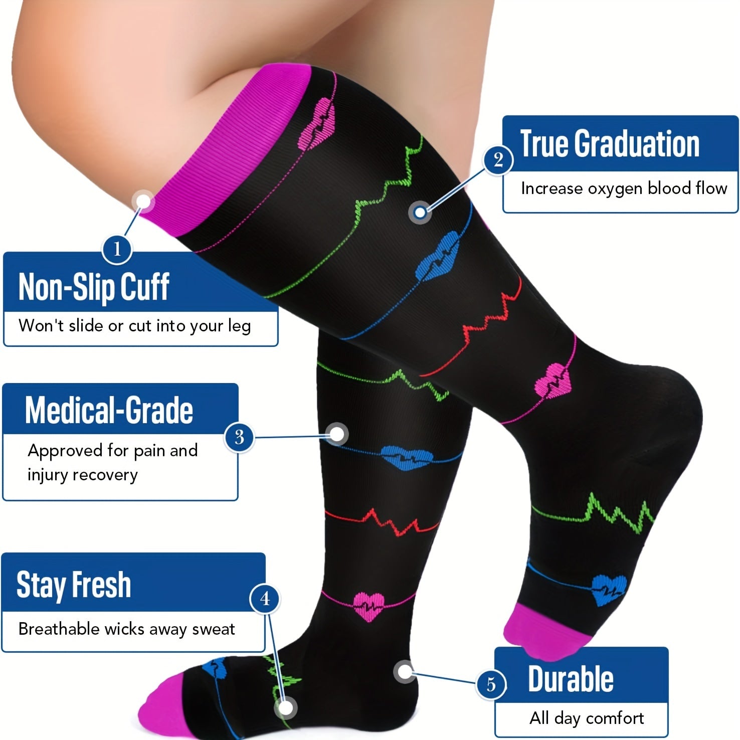 4 Pairs Wide Calf Compression Socks for Men & Women
