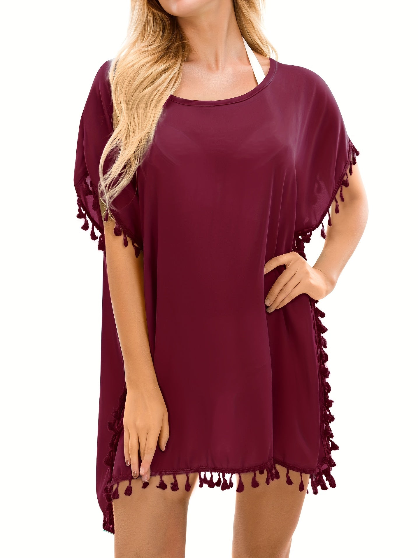 Tassel Decor Cover Up Shirt Round Neck Boho Style Semi Sheer Split Cover Ups