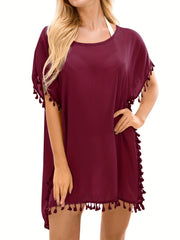 Tassel Decor Cover Up Shirt Round Neck Boho Style Semi Sheer Split Cover Ups