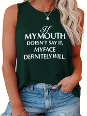 Women's Slogan Print Tank Top Round Neck Stretchy Casual Tee
