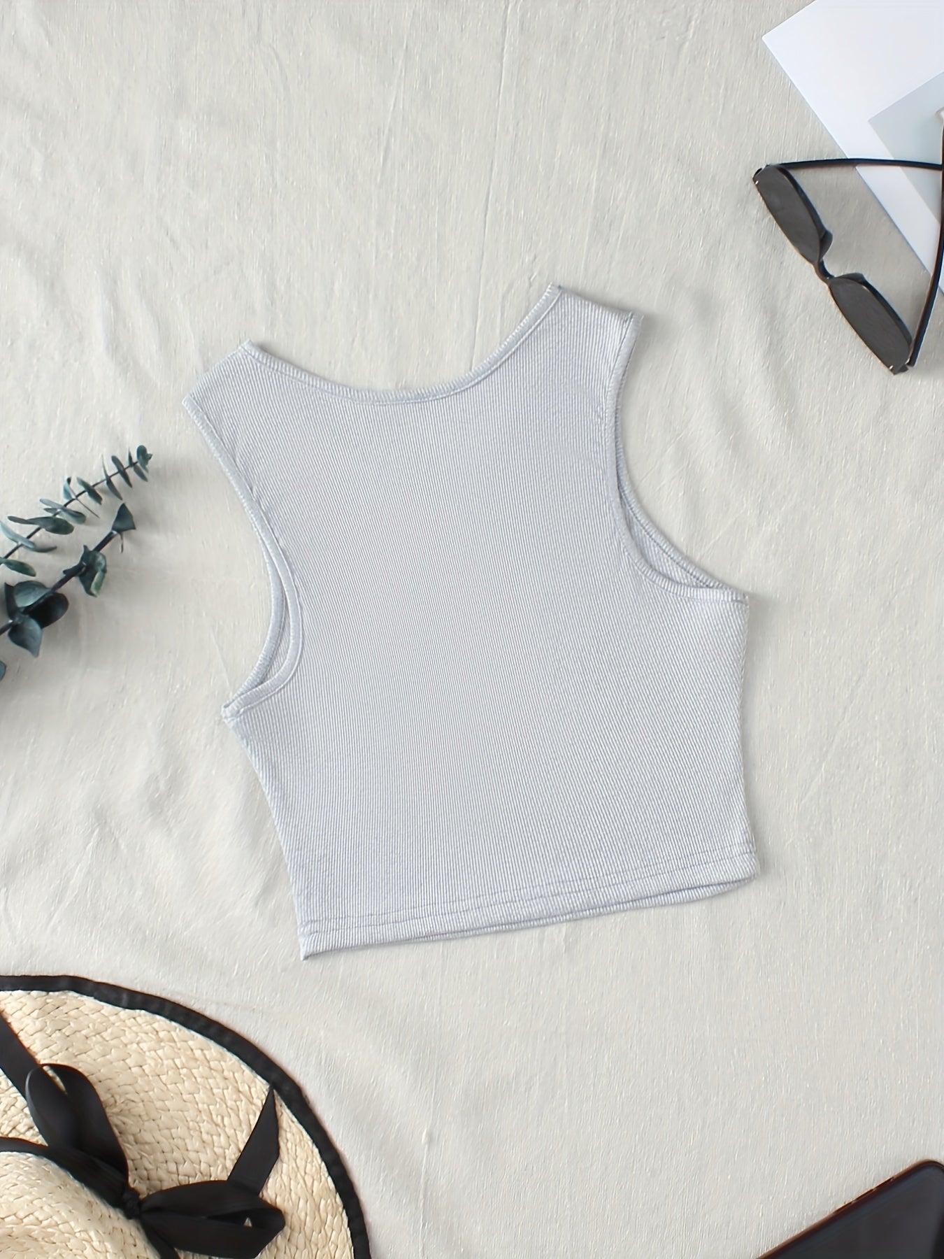 Ribbed Sleeveless Crop Top Round Neck Sports Tank