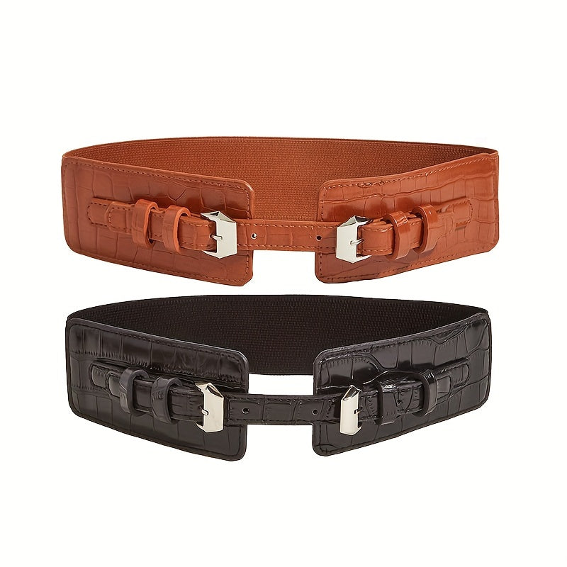 Crocodile Print Double Needle Buckle Elastic Belt Lanyard