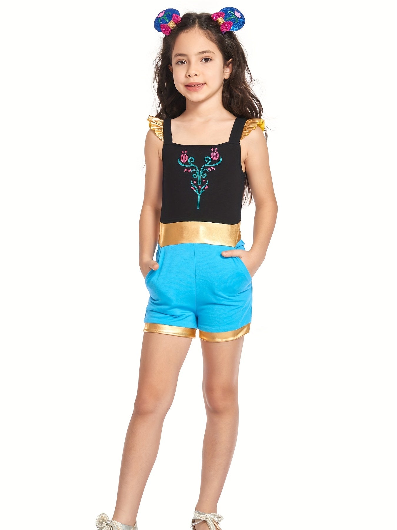 Toddler Girls Ruffle Trim Block Rompers Jumpsuits Princess Cosplay Costume