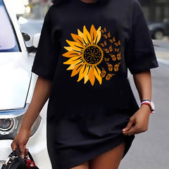 Casual Dress Women's Plus Sunflower & Butterfly Print Short Sleeve