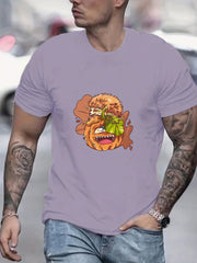 Cartoon Pumpkin & Hedgehog Print Men's Graphic Tee for Summer Vacation