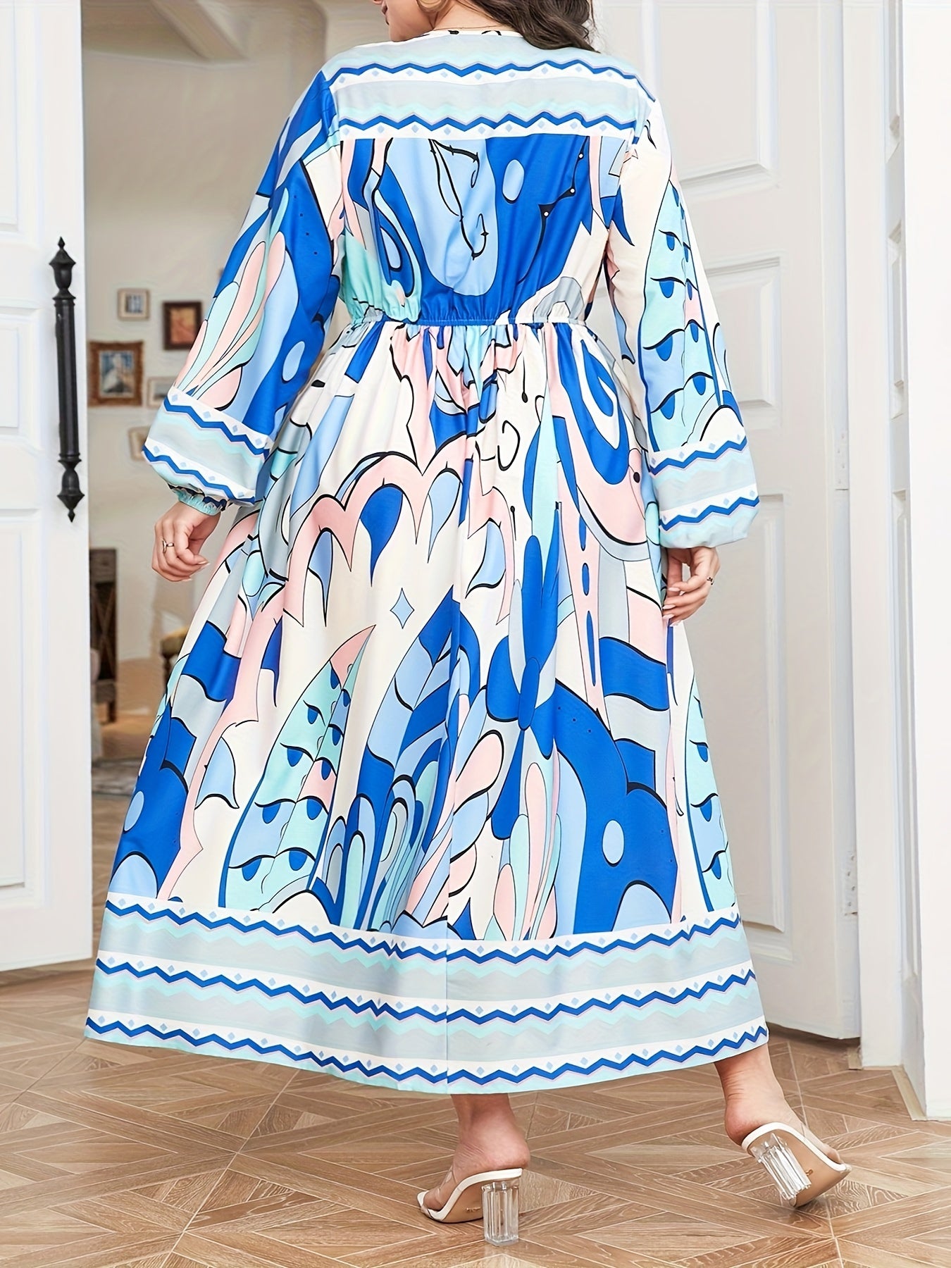 Colorblock Geometric Print Long Sleeve Maxi Dress