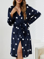 Polka Dot Fuzzy Night Robe Long Sleeve Hooded Robe