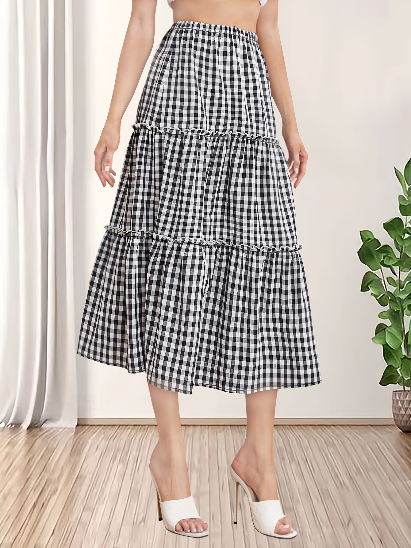 Plaid Print Ruffle Trim Skirt High Waist Casual Skirt