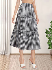 Plaid Print Ruffle Trim Skirt High Waist Casual Skirt
