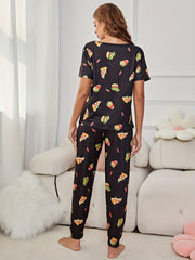 Cartoon Food Pajama Set Short Sleeve Top & Pants