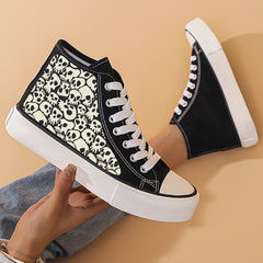 Skull Print Chunky Canvas Sneakers Non Slip High Top