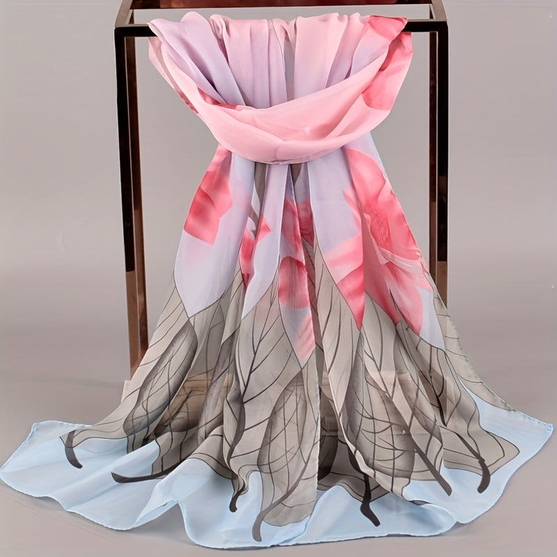 Leaf Flower Print Chiffon Scarf Gradient Sunscreen Travel Beach Towel