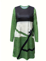 Plus Geo & Cat Print Long Sleeve Round Neck Dress