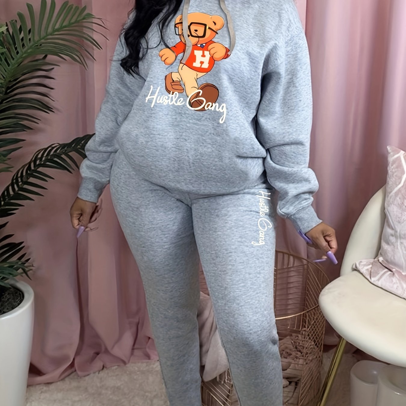 Women's Plus Bear & Art Letter Print Hooded Sweatshirt & Sweatpants Set