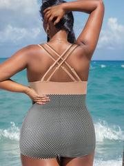 Striped Print One Piece Swimsuit V Neck Criss Cross Straps Tummy Control