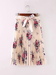 Boho Floral Print Pleated Skirt with Tied Front