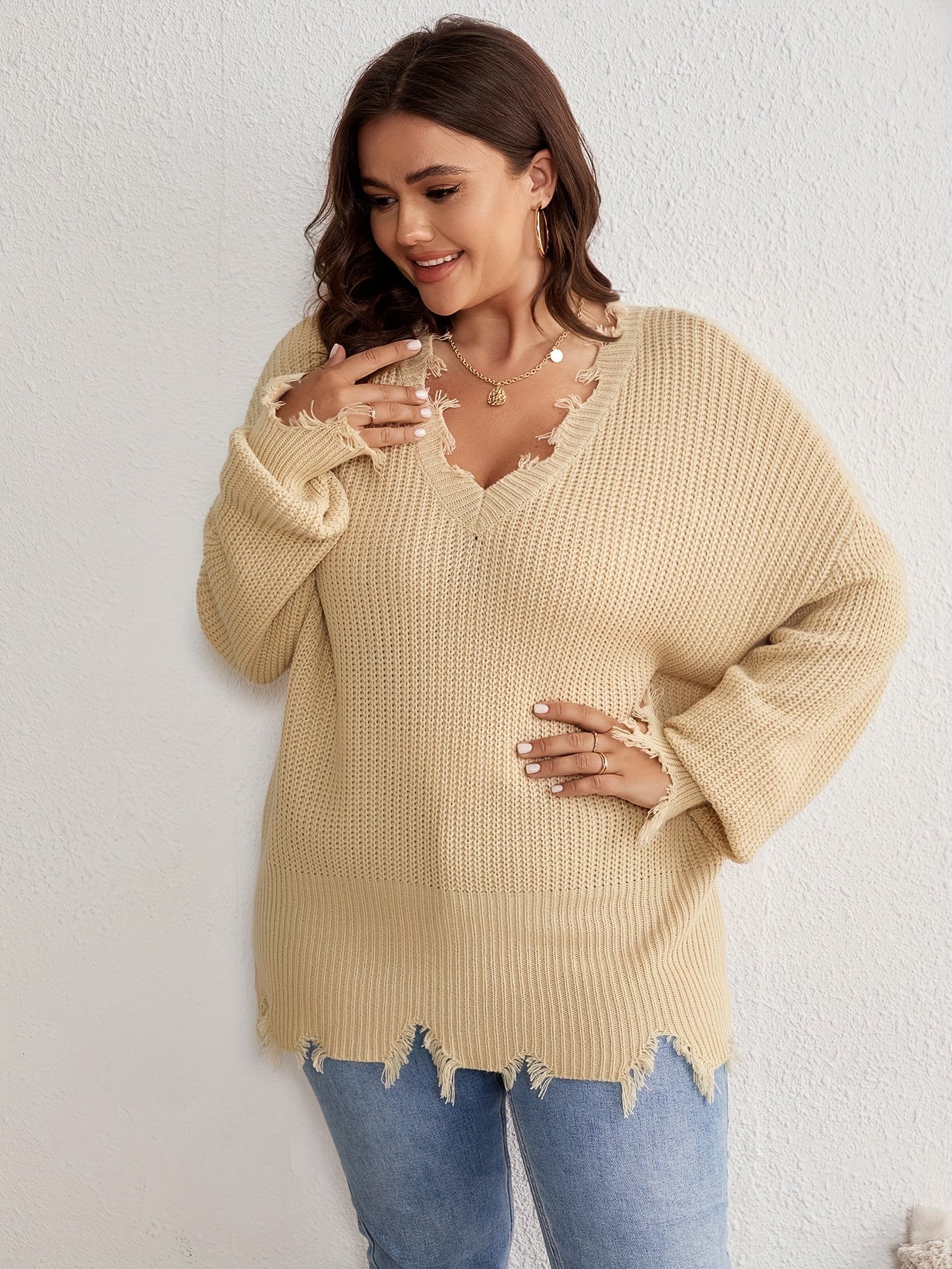 V Neck Distressed Edge Sweater