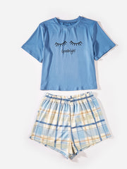 Letter Print Short Sleeve Tops & Plaid Shorts Set Women's Sleepwear & Loungewear