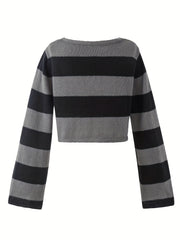 Grunge Block Striped Knit Sweater Crew Neck Long Sleeve Women's