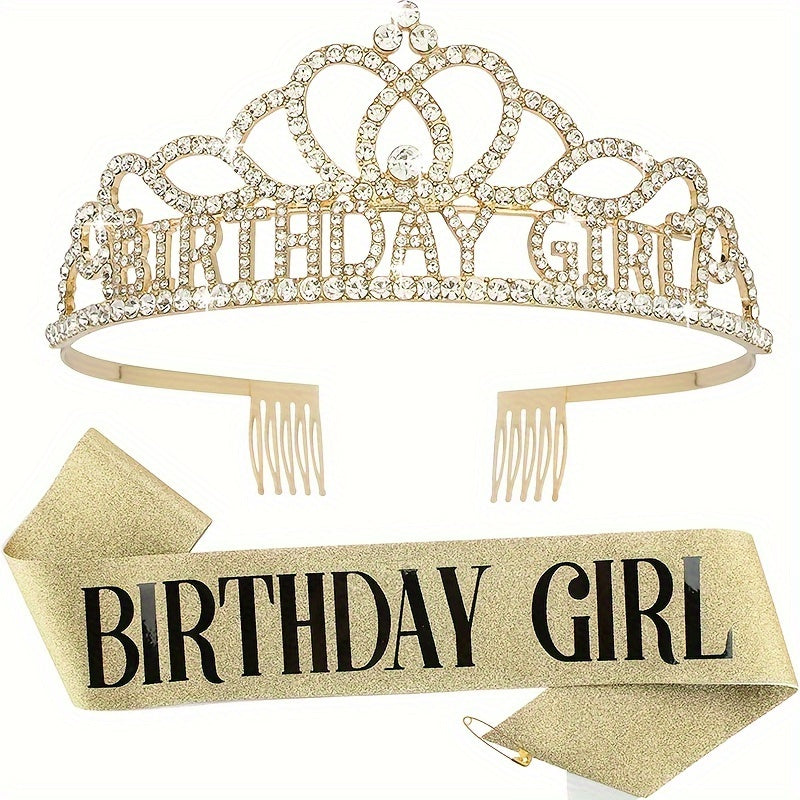 Girls Birthday Party Crown & Shoulder Strap Rhinestone Tiara Princess Set