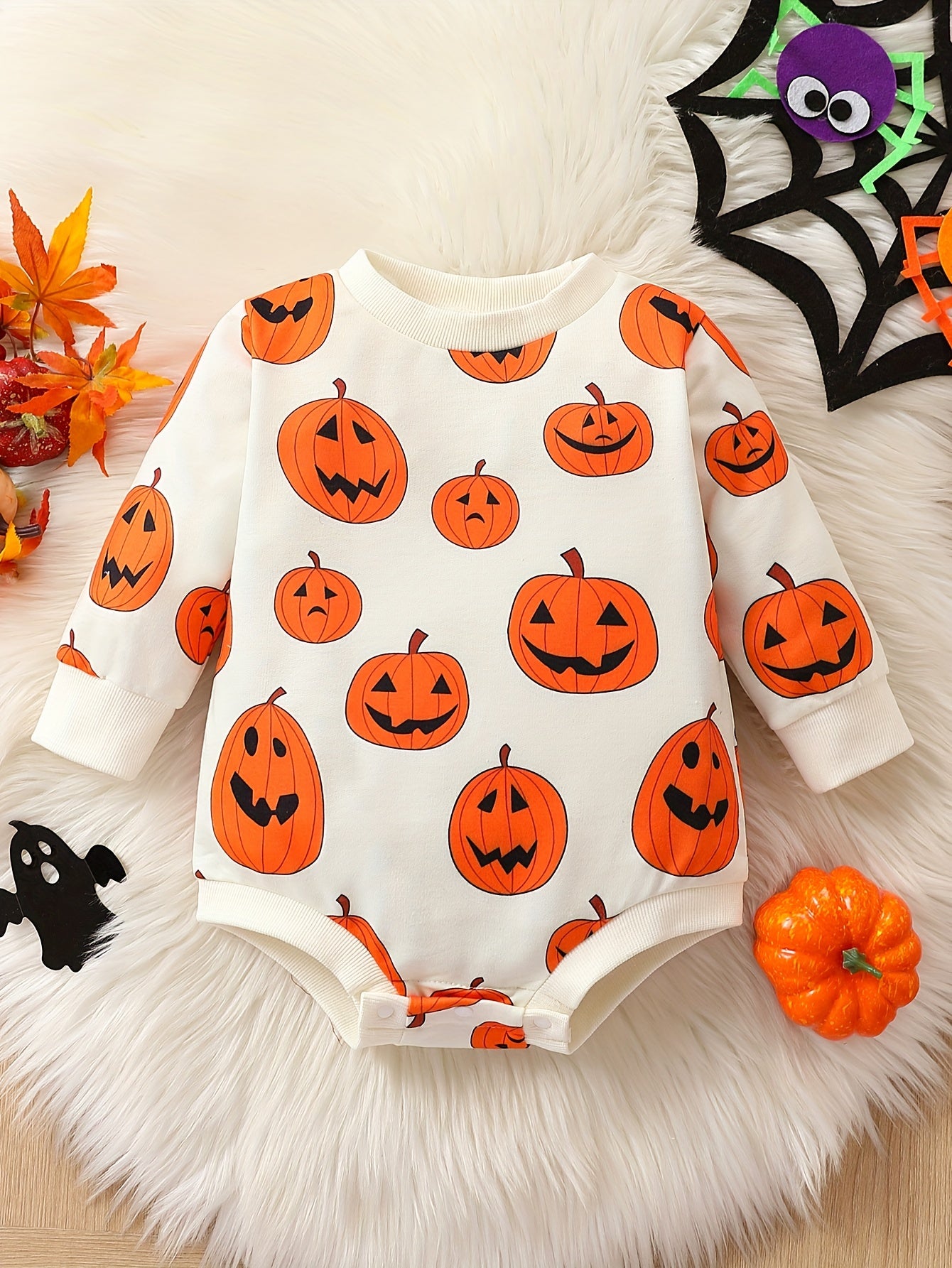 Baby Girls Pumpkin Head Full Print Pullover Romper Creeper
