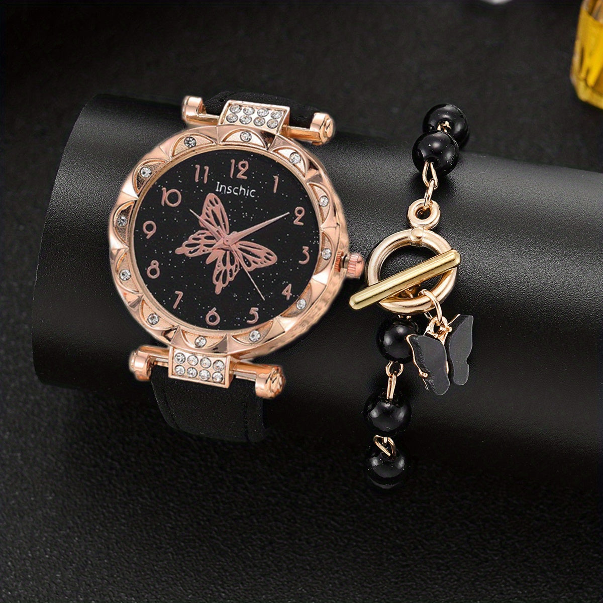 Butterfly Quartz Watch & Rhinestone Jewelry Set