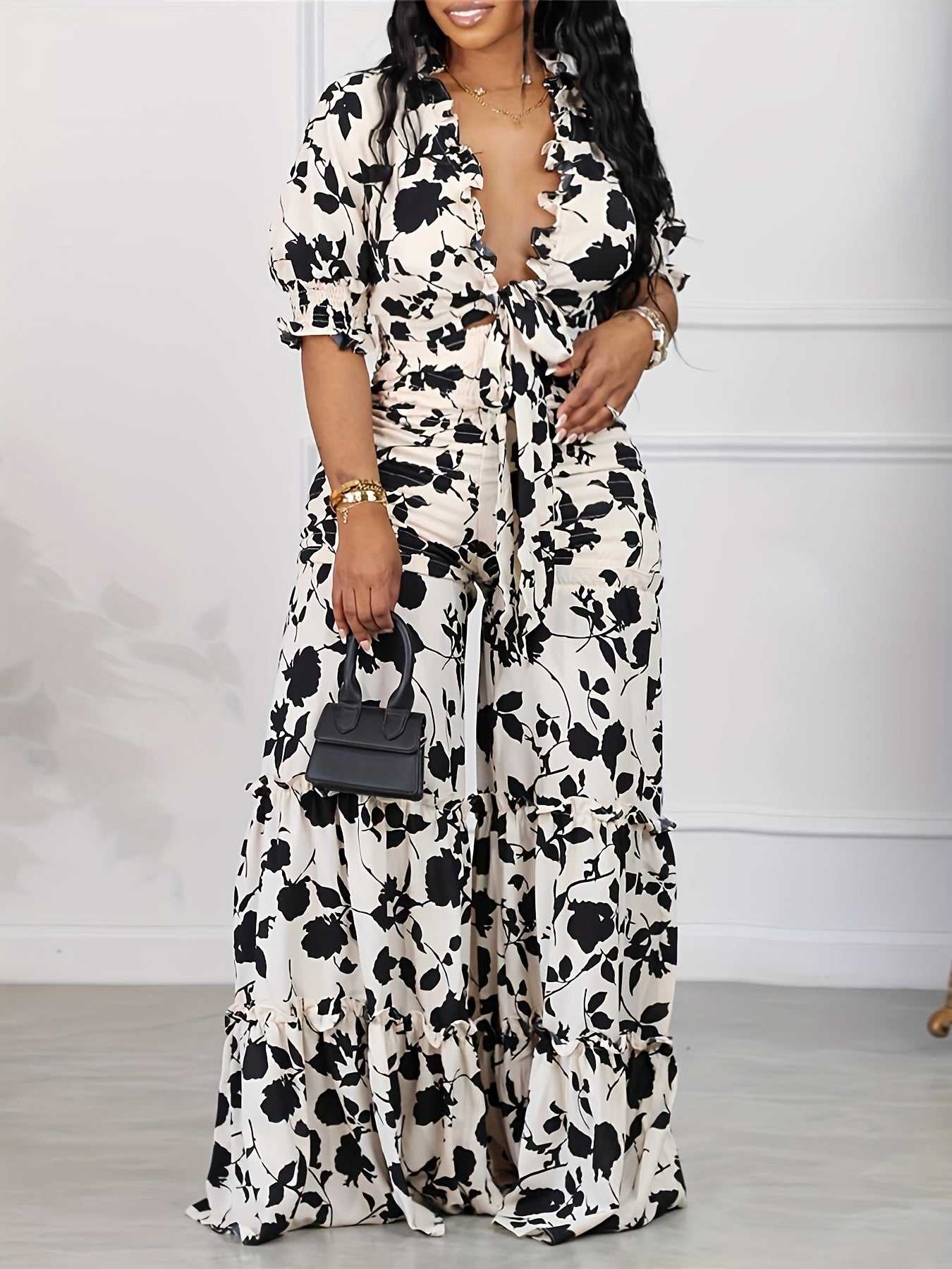Floral Print Puff Sleeve V Neck Knot Top & Wide Leg Pants Set