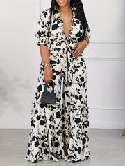 Floral Print Puff Sleeve V Neck Knot Top & Wide Leg Pants Set