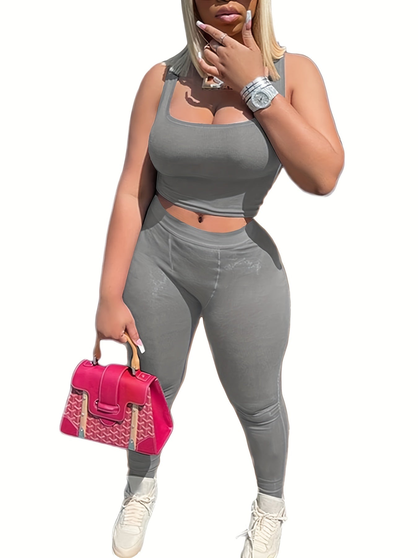 Ribbed Knit Women 2 Piece Set Gym Crop Tank Top Leggings Set