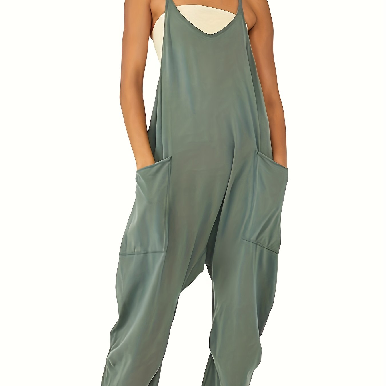 Casual V Neck Sleeveless Jumpsuit Spaghetti Strap Overall Women's Clothing