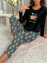 Flamingo Print Pajama Set Long Sleeve Top & Pants